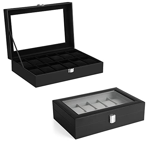 Songmics Watch Box Bundle, 12-Slot Watch Case With Glass Lid, Watch Holder With Removable Watch Pillow, Velvet Lining, Metal Clasp, Watch Display, Black Ujwb12Bk And Ujwb012B01 #TOP12