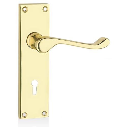 HANDLESTORE Victorian Scroll Locking Lever Door Handle on Backplate – Polished Brass Interior Handles with 2.5" Mortice Sash Lock & Screws (Pair)