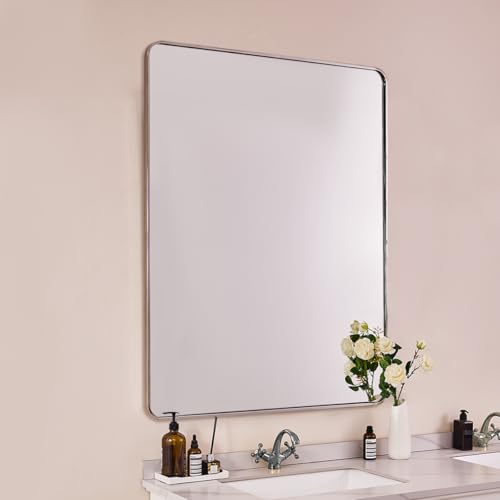 Image of ANDY STAR 48x32 Inch Chrome Bathroom Mirror, Chrome Bathroom Vanity Mirror, Rounded Rectangle Mirror, Anti-Rust SUS304, Seamless Tube Metal Frame, 1'' Deep Wall Mounted Vertically /Horizontal
