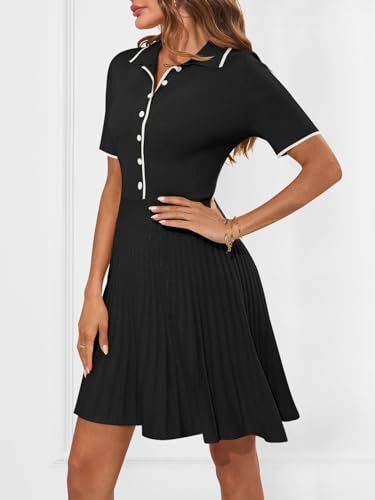 MEROKEETY Women's Summer Ribbed Knit Midi Dresses Short Sleeve V Neck Button A Line Swing Sweater Dress3