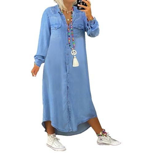 RICOCHO Vestido largo de camisa vaquera para mujer, vestido vaquero ancho abotonado, vestido vaquero largo casual con solapa para mujer, 4, XL