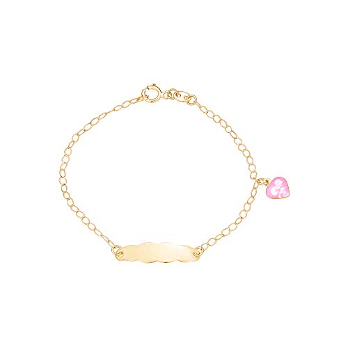 Unicornj 14K Yellow Gold Id Bracelet With Heart Charm Dangle Pink Enamel Italy 5.5" #TOP20