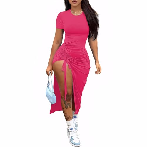 Image of Nimsruc Women Sexy Summer Dresses Short Sleeve Thigh-high Slit Ruched Bodycon Maxi Club Cocktail Party Dress Rose Red XL