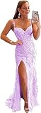 Vnaix Bridals Mermaid Prom Dresses Lace Applique Lilac Long Ball Gown with Slit Size 2
