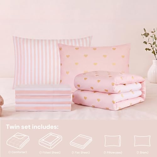 Image of Twin Comforter Set with Sheets for Girls-5 Pieces Pink Twin Bedding Sets