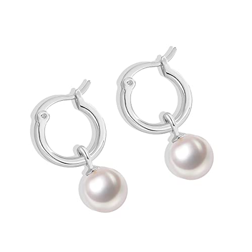Pearl Hoop Earrings For Women Girls 14K Gold Plated Pearl Dangle Small Hoop Earrings With 925 Sterling Silver Post (Silver) #TOP5