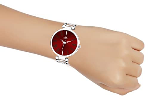 Image of IIK COLLECTION Round Studded Dial |Analogue Quartz Movemnet Ladies Watch|Long Battery Life|Stainless Steel Adjustable Bracelet Chain Strap|Double Lock Clasp Safety Watches For Girl's, Dial Color-Red