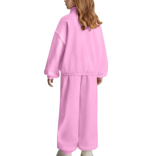 Girls Half Zipper Sweatshirts Set Plain Fleece 2 Piece Baggy Sweatpants Pullover Tops Sweatsuits (Pink, 11-12 Years)2