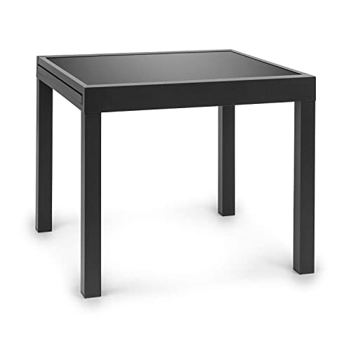blumfeldt Pamplona Extension - Table de Jardin, Table d'extérieur Extensible, 90x90cm ou 180x83cm, Nettoyage Facile, Jusqu'à 6 Personnes, Verre trempé, Solide Cadre, Gris