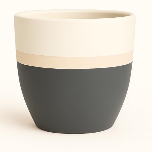 Image of Yo Green Ceramic Pot Indoor /Outdoor Plant - Modern Planter for Home and Office, Durable Ceramic, Stylish Finish with Vertical Ridges, Great Gift Idea (Single pc, White /Grey)