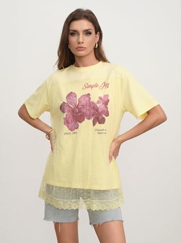 CSDAJIO Trendy Crew Neck Oversized T Shirts for Women Short Sleeve Loose Graphic Tee Summer Lace Top Floral Yellow X-Large — view 6