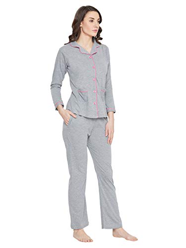 Image of Clovia Cotton Button Down Shirt & Pyjama Set