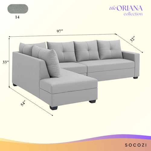 Image of SOCOZI Oriana 6 Seater LHS L Shape Sofa Set | Soft Velvet Suede Fabric L Shape Sofa for Livingroom (Light Grey)