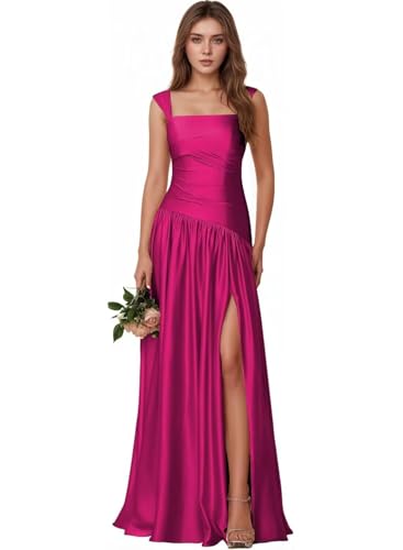 Satin Bridesmaid Dresses Square Neck Formal Evening Gowns for Women Long Wedding Guests Dress with Slit