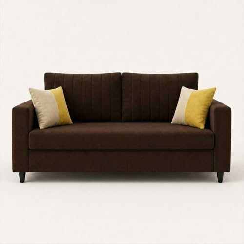 Image of FURNY Luxury Conva 2 Seater Sofa Set for Living Room |Soft Suede Fabric Upholstered | Modern Cushioned Comfortable Couch for Home Office & Drawing Room | Dark Brown