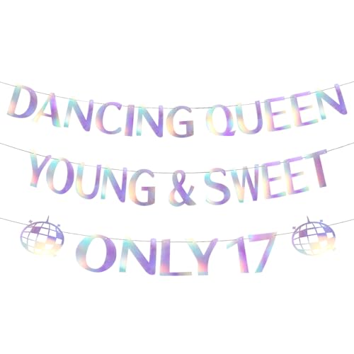 Bannière de Dancing Queen Young & Sweet Only 17, Pré-Assemblée Décorations pour 17 Ans pour Filles Bannière Scintillante Jeune et Douce Seulement 17 pour Fille Danseuse