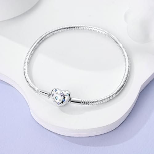 Image of 925 Sterling Silver Snake Chain Bracelets Fit Pandora Charms,Heart Clasp Bracelets Perfect For Any Glamour Gift for Women with 5 A Cubic Zirconia