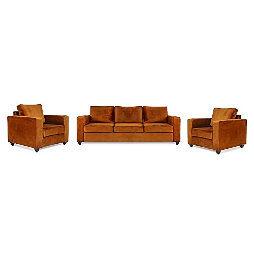 Image of Wakefit Sofa Set for Living Room | 3 Years Warranty | Sofa Set, 3+1+1 Seater Sofa, Wooden Sofa Set for Living Room, 5 Seater - Napper (Velvet Fabric, Amber)