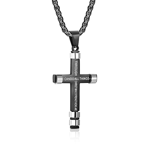 Black Cross Necklace for Men Engraved Bible Verse Philippians 4:13 I CAN DO ALL THINGS Stainless Steel Chain Jewelry Pendant Meaningful Gift for Boy(Black)