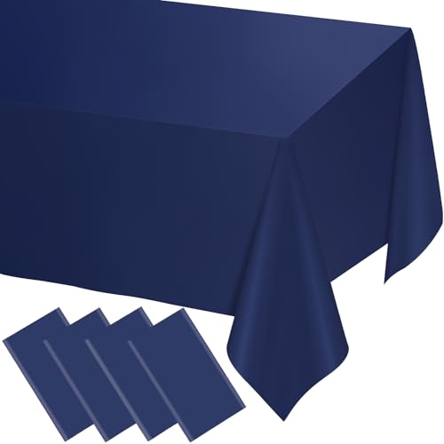 Image of WNINK 4 Pack Navy Blue Tablecloths Dark Blue Rectangle Disposable Plastic Table Cloths 54 inch x 108 inch for Birthday, Retirement, Bridal Shower, Wedding, BBQ, Picnic Parties