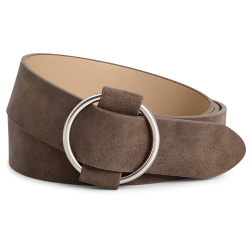 XZQTIVE Gürtel Damen Ledergürtel mit Kreis Schnalle No Pin & Hole Verstellbare Taille Gürtel für Jeans aus Wildleder, Kaffee, Fit Taille Größe unter 105cm