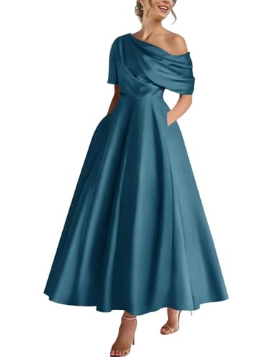 Tea Length Satin Mother of The Bride Dresses for Women Wedding One Shoulder Formal Evening Gown with Pocket