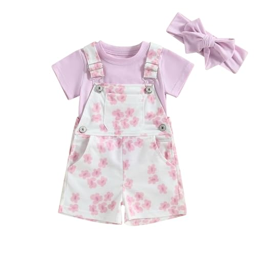 Image of Madjtlqy Toddler Baby Girl Outfit T-shirt Tops + Flower Print Suspender Shorts + Headband Summer Clothes 0-3T