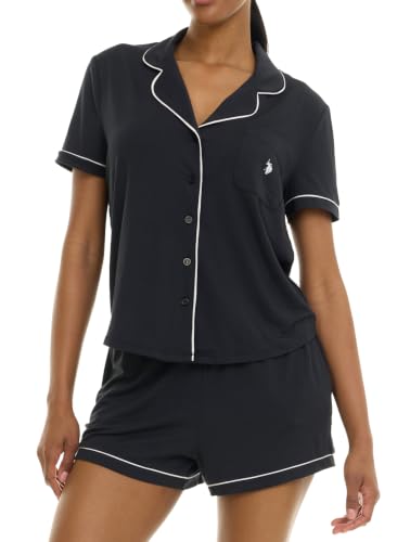 Image of U.S. POLO ASSN. Summer Pajamas for Women Set - Short Sleeve Button Up Top and PJ Shorts - Bridesmaid Lounge Sets for Women