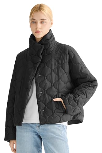 Orolay Womens Oversized Quilted Jacket Cropped Puffer Coat Spring Lightweight Casual Short Outerwear with Pockets Black Large