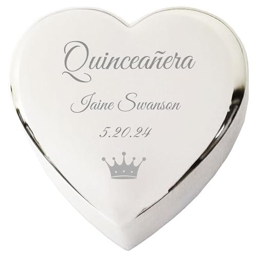 Crezusvo Personalized Quinceanera Gifts Heart Jewelry Keepsake Box with Custom Engraved Cross Name and Date for Quinceañera Gift for Girls, 15th Birthday Silver Trinket Boxs