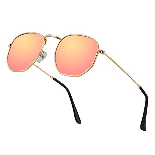 Modern Geometric Polarized Metal Slim Arms Neutral Colored Lens Hexagonal Sunglasses Men Women Square Small Vintage Frame Retro Round Mirrored Driving Shade Sun Glasses(Pink Lens/Gold Frame)