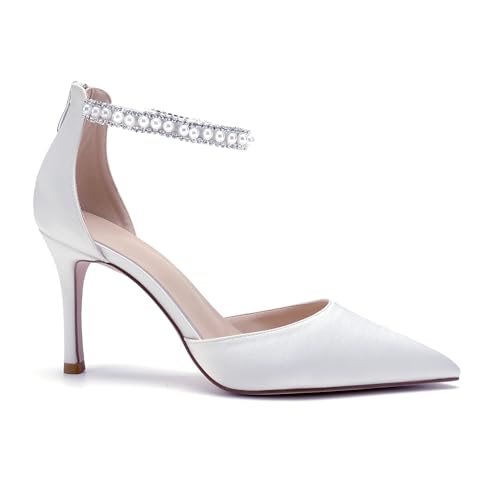Image of Pointed Toe Pearl Wedding Shoes for Bride White High Heels Satin Bridal Shoes Zipper Back Evening Party Dance Dresses Shoes Pumps for Women
