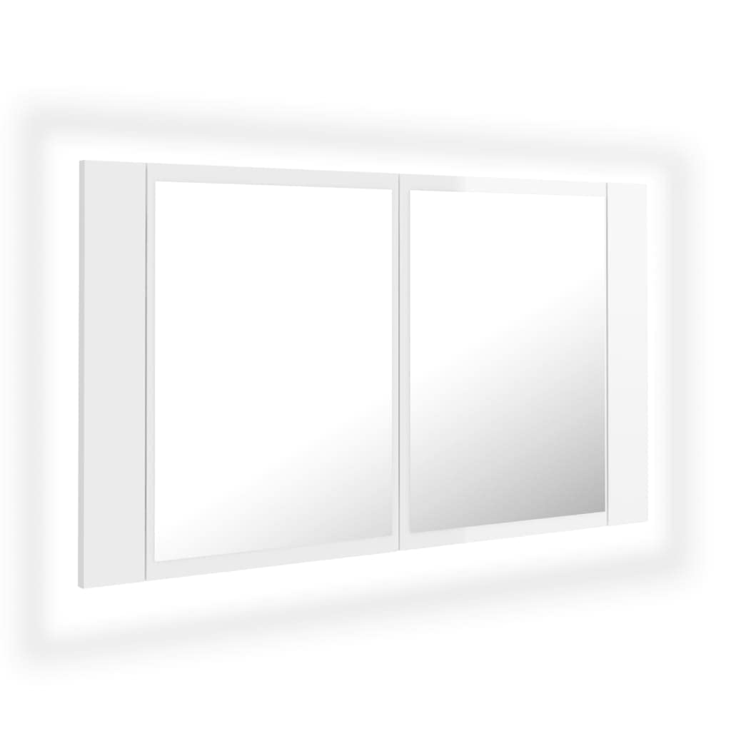 vidaXL Armario Espejo de Baño Luz LED Acrílico Aseo Muebles Mobiliario Almacenamiento Estante Decoración Adorno Blanco Brillante 80x12x45 cm
