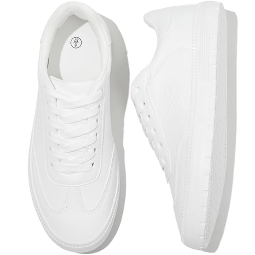 Rominz Women's White Tennis Shoes Fashion PU Leather Sneakers Lightweight Casual Walking Shoes for Unisex(White,US8)