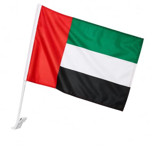 UAE National Day Car Flag 30x45 cm with 50 cm Plastic Stick and Window Mount Clip for Outdoor Driving Decoration