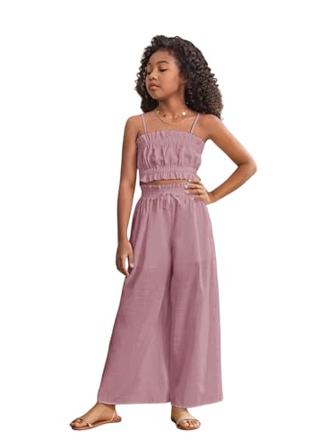 Image of Floerns Girl's 2 Piece Set Ruffle Trim Cami Tops with Paperbag Waist Wide Leg Pants