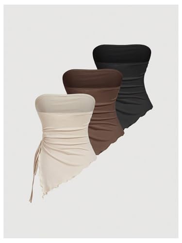 OYOANGLE Women's 3 Pack Strapless Top Drawstring Side Ruched Asymmetrical Tube Tops2