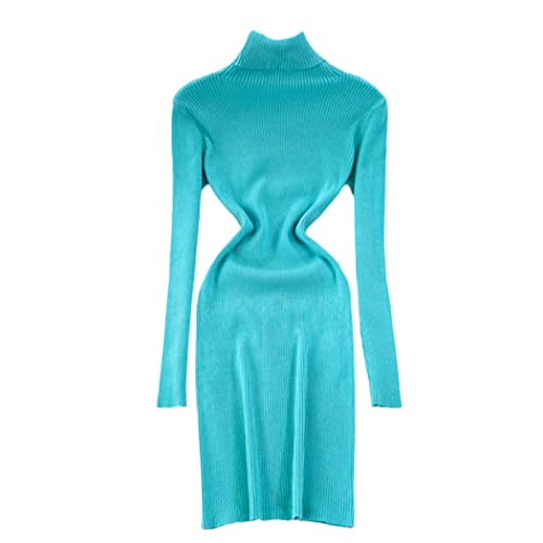 Robe tricot col roulé bleu lac de 104 cm à coupe crayon moulante