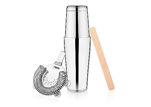 Urban Spoon Bar Tools Set of 3, Double Wall Stainless Steel Weighted Boston Shaker - 28 Oz, Wooden Muddler for Cocktails – Stylish Wooden Mojito Muddler Bar Tool, Hawthorne Strainer,Cocktail Strainer