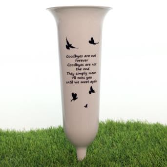 Direct Florist Supplies - Black Plastic Memorial Grave Vase - Various Names Available Verse Graveside Remembrance (White, Goodbyes)