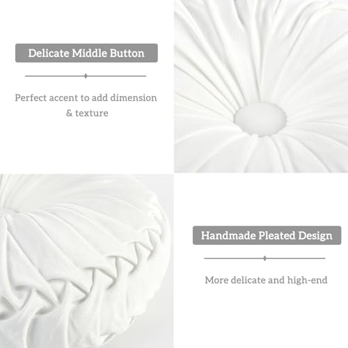 Image of HIG Set of 2 Decorative Round Pleated Throw Pillows, Classy Accent Pumpkin Throw Pillows with Center Button, Vintage Velvet Floor Pillows for Sofa Vanity Chair Bed, White, 14.5 inch Diameter(Ripple)