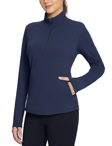 baleaf Women's Fleece Pullover Jacket Water Resistant Half Zip Thermal Golf Shirts Cold Weather Running Gear Winter Blue S