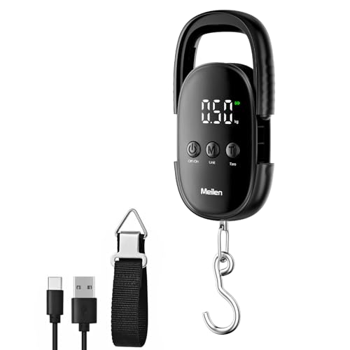 Meilen Balanza de Pescado, báscula digital para maletas de 110 lb/50 kg con gancho, báscula portátil recargable con pantalla LED para viajes y pesca, regalo para hombres, Negro