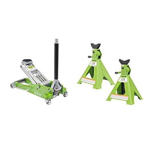 Arcan 3-Ton Quick Rise Aluminum Floor Jack with Dual Pump Pistons & Reinforced Lifting Arm (A20018) & 6-Ton Steel Jack Stands (ALJS6)