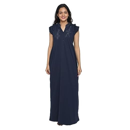 9shines Label Cotton Designer Maxi Nighty for Women | Nightdress | Night Gown | Nighty Comes with Embroidery On The Neck Front Button Design & Mandarin Collor (125 N Blue,L)