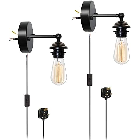 Vintage Metal Plug in Wall Light,2 Pack Industrial Wall Lights Sconces Plug in E27 Screw Socket Wall Sconce Set Wall Lamp with On/Off Switch(No Bulb) Cover