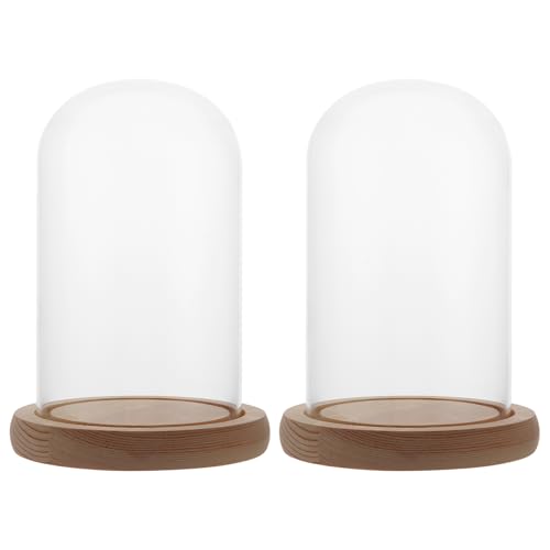 LDHHYH Lot de 2 Cloche en Verre avec Socle en Bois 9x15cm, Dôme Transparent pour Fleur Éternelle et Micro Paysage, Cloche Verre Socle Bois pour Décoration...