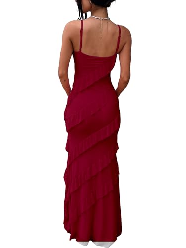 Image of HOCILLE Women's Sexy V Neck Backless Bodycon Spaghetti Strap Elegant Ruffle Maxi Cocktail Party Dresses