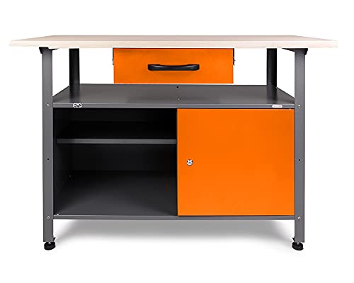 Ondis24 Montagewerkbank Werkbank Klaus 120 cm, Metall, abschließbarer Tür, höhenverstellbare Füße (Arbeitshöhe 85 cm, Orange)