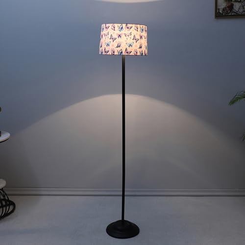 Image of tu casa Black Metal-Iron Base Foldable Floor Lamps with Butterfly Print & Satin Shade for Bedroom, Living Room, Lounge, Office Area, Gifting Without Bulb for Home Decoration (Height - 53 inch)